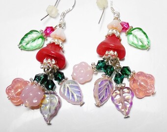 Pink Flower Earrings Leaf Cluster Dangles Czech Glass & Crystal Silver plated Drops Jewelry Gift for Her Valentine,Prom,Ladies,Mother,Mom,Si