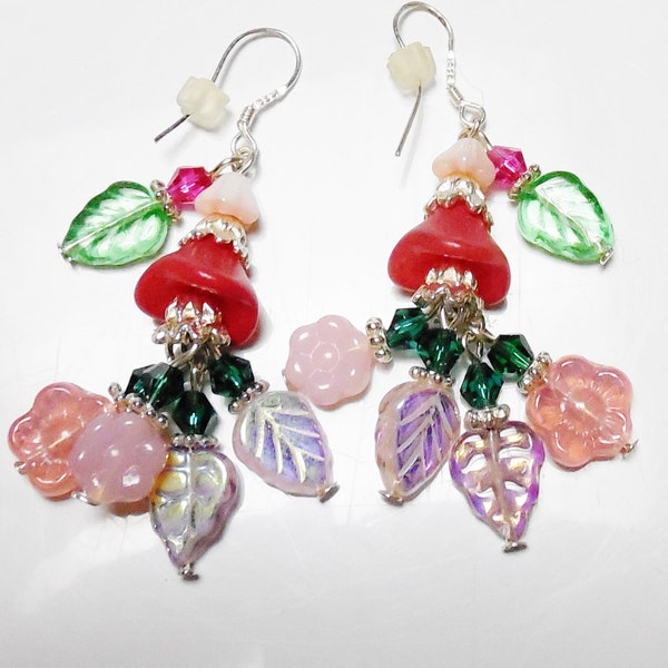 Pink Flower Earrings Leaf Cluster Dangles Czech Glass & Crystal Silver plated Drops Jewelry Gift for Her Valentine,Prom,Ladies,Mother,Mom,Si