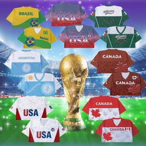 May include: A selection of football shirts displaying national flags and team names, such as USA, Brazil, Argentina, Canada, and Mexico. A golden trophy is centrally positioned. The shirts are set against a stadium backdrop.