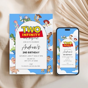 May include: A blue birthday invitation with the text "TWO INFINITY and beyond!" and "Andrew's 2nd Birthday". The invitation features cartoon characters and is displayed next to a smartphone with the same design.
