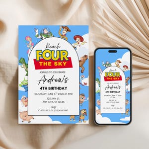 May include: A birthday invitation featuring a blue sky design with cartoon characters. The invitation text reads "Reach FOUR The Sky" and provides details for Andrew's 4th birthday celebration.