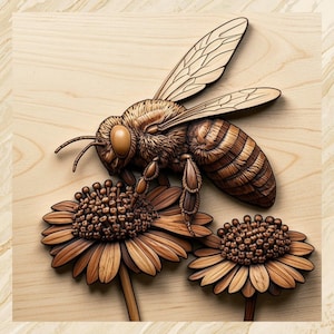 Honigbiene Blumen Relief STL | 3D Schnitzmodell, CNC-Fräser, Holzkunst (Digitaler Download)
