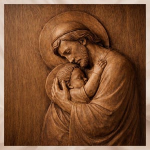 May include: A wooden relief carving depicts a man embracing a child. The figures are carved in a warm brown tone, with the man wearing a robe and halo. The child is held close, creating a tender and detailed religious artwork.