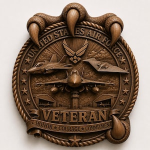 May include: A detailed wooden plaque featuring the United States Air Force emblem. The design includes fighter jets, the word "VETERAN," and the phrases "HONOR, COURAGE, COMMITMENT." The plaque is framed by a rope-like border and eagle claws.