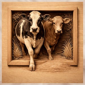 May include: A wooden relief carving of two cows within a framed border. One cow is black and white, the other is tan. The carving includes detailed depictions of grass and foliage, creating a three-dimensional effect.