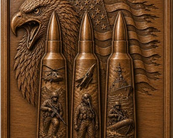 May include: A wooden relief carving featuring an American bald eagle, the American flag, and three large bullet casings. Each casing depicts a different branch of the military: Army, Air Force, and Navy. The carving is in shades of brown.