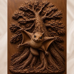 May include: A rectangular wooden wall plaque featuring a detailed relief carving of a flying squirrel gliding in front of a large, textured oak tree with intricate branches and leaves. The entire piece is finished in a warm, medium brown wood tone.