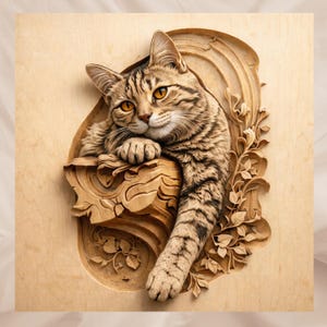 May include: A detailed wooden carving of a tabby cat with amber eyes, resting on a carved wooden frame with floral accents. The cat's fur is intricately detailed, and the wood has a natural, light color.