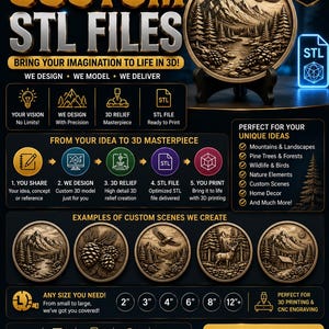 May include: A digital advertisement for custom 3D relief STL files featuring a circular mountain landscape plaque. The graphic includes text detailing a five-step design process, examples of nature-themed reliefs, and size options from 2 to 12+ inches.