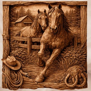 May include: A detailed wood carving depicts two horses in a rustic setting. One horse is in motion, while the other stands behind a wooden fence. A cowboy hat and rope are on the left, with a horseshoe design on the right. The artwork is framed.