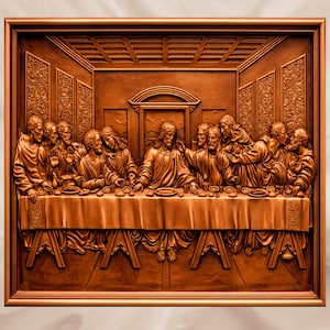 May include: A framed, brown relief carving depicting the Last Supper. The artwork shows Jesus and his disciples seated at a table, with detailed figures and drapery. The relief is set within a rectangular frame.