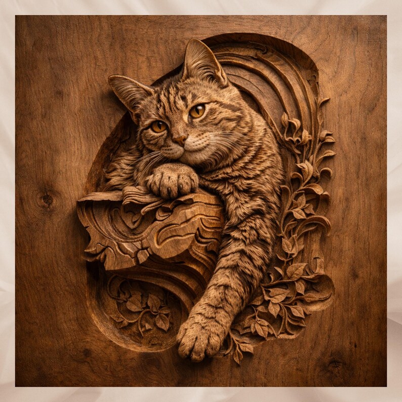 Cat Relief STL 3D Wood Carving | Cute Cat CNC Router Model | Pet Animal ...