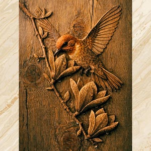 May include: A detailed wooden carving of a hummingbird with outstretched wings, hovering near magnolia flowers. The artwork is in shades of brown and features water droplets on the petals. The hummingbird is intricately carved, showcasing the texture of the feathers.