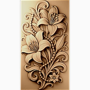 May include: A rectangular light brown wall panel featuring a raised relief carving of two blooming lilies, a closed lily bud, and a small flower. The floral design is accented by intricate swirling vine patterns and a delicate beaded string.