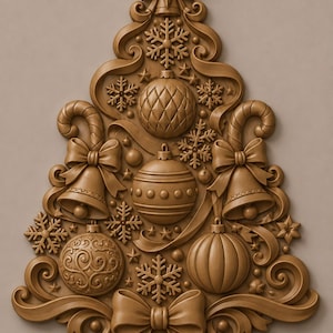 May include: A light brown wooden wall plaque shaped like a Christmas tree, featuring intricate relief carvings of a star topper, snowflakes, spherical ornaments, bells with bows, and ribbons. The design is symmetrical with a flat, smooth finish.