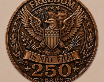 May include: A bronze-colored commemorative coin with the words "FREEDOM" and "IS NOT FREE" inscribed. The coin features an eagle with outstretched wings, an American flag, and the number "250 YEARS".