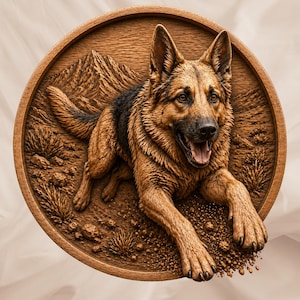 Könnte beinhalten: Ein detailliertes Holzrelief eines Deutschen Schäferhundes in einem kreisförmigen Rahmen. Der Hund wird in einer Laufpose mit offenem Maul dargestellt. Die Schnitzerei umfasst eine Berglandschaft und strukturierten Boden, alles in Brauntönen.
