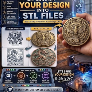 Puede incluir: Un anuncio de servicio digital para convertir diseños 2D en archivos STL 3D para impresión y CNC. El gráfico muestra un relieve de fénix y dragón, un diagrama de flujo de proceso y una impresora 3D creando un objeto metálico circular.