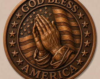 Puede incluir: Escultura circular en relieve de color bronce con las palabras "GOD BLESS AMERICA" que rodean unas manos rezando frente a una bandera estadounidense. El diseño incluye estrellas y rayas, un emblema patriótico.