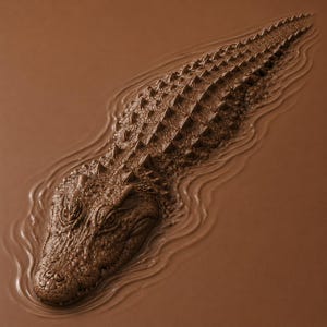 Op de afbeelding: Een bruin, getextureerd, driedimensionaal reliëfbeeld van een alligator die door water zwemt. De kop en rug van de alligator zijn zichtbaar, met gedetailleerde schubben en richels, en rimpelingen in het omringende vloeistofachtige oppervlak.
