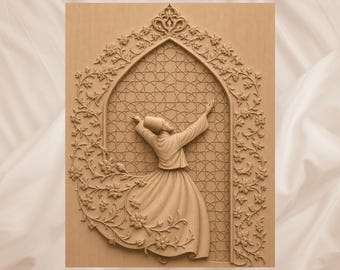 Sufi Dervish 3D Relief STL | Islamic Floral CNC Wood Carving File | Mevlana Rumi Wall Art STL Design