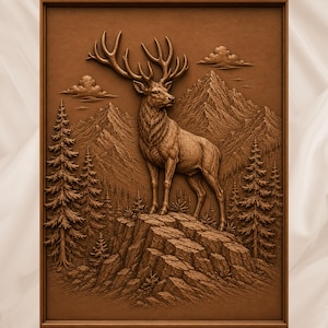 May include: A rectangular brown wall plaque featuring a detailed relief carving of a stag standing on a rocky outcrop. The scene includes a dense forest of pine trees, jagged mountain peaks in the background, and small clouds in the sky.