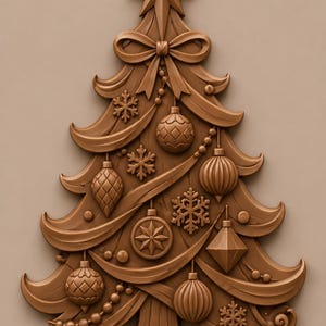 May include: A monochromatic brown relief sculpture of a Christmas tree featuring a large star topper, a decorative bow, and various hanging ornaments including spheres, diamonds, and snowflakes. The tree stands on a flat, ornate base.