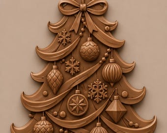 May include: A monochromatic brown relief sculpture of a Christmas tree featuring a large star topper, a decorative bow, and various hanging ornaments including spheres, diamonds, and snowflakes. The tree stands on a flat, ornate base.