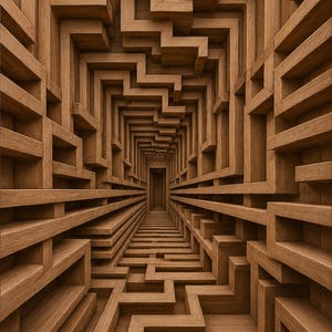 Könnte beinhalten: Ein dreidimensionales Wandkunstobjekt aus hellbraunem Holz mit einem komplexen, sich wiederholenden geometrischen Muster aus ineinandergreifenden rechteckigen Rahmen und Zickzacklinien, die einen tiefen Perspektiveffekt erzeugen.