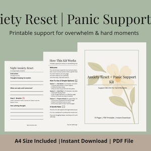 Może przedstawiać: Drukowany zestaw Anxiety Reset i Panic Support. Zestaw zawiera kilka stron z instrukcjami i wskazówkami dotyczącymi radzenia sobie z lękiem i paniką. Projekt zawiera ilustrację kwiatową i tekst "Anxiety Reset | Panic Support Kit".