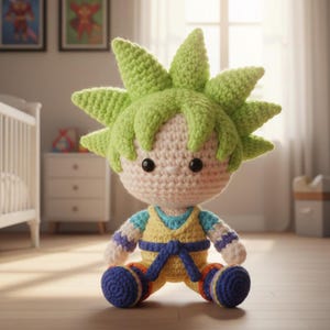 May include: A handmade crochet doll featuring a character with spiky green hair, a yellow and blue outfit, and blue shoes. The doll has black eyes and is sitting on a wooden floor. The doll is in a nursery setting.