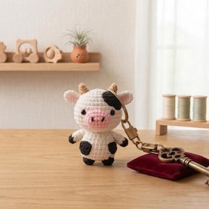 May include: A handmade crochet cow keychain with a key. The cow is white with black spots, a pink nose, and small horns. The key is antique brass. The keychain rests on a small red velvet pillow.