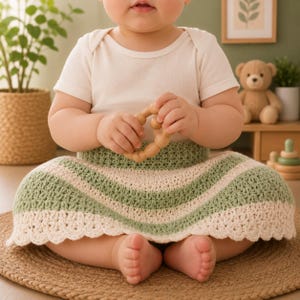 May include: A baby wearing a white onesie and a green and cream crochet skirt, holding a wooden heart-shaped teether. The skirt has a scalloped edge. The baby is sitting on a woven mat.