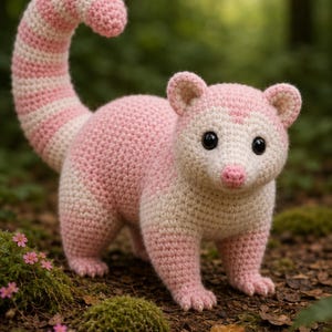 Può includere: Una statuetta di animale all'uncinetto caratterizzata da una palette di colori rosa tenue e crema. La creatura ha una lunga coda a righe arricciata, piccole orecchie arrotondate, un muso appuntito con naso rosa e grandi occhi scuri e lucidi.