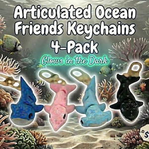 May include: A 4-pack of Articulated Ocean Friends Keychains, with shark designs in blue, pink, and black. The keychains glow in the dark, set against an underwater scene with coral and fish.
