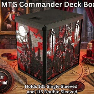 May include: Black MTG Commander Deck Box with a gothic castle design in red and gray. The box holds 135 single-sleeved or 115 double-sleeved cards. The box has the text "MTG Commander Deck Box".