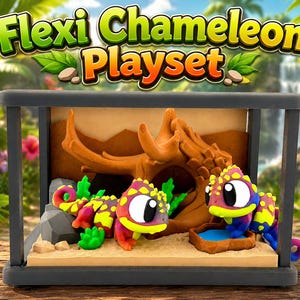 Puede incluir: Un juego Flexi Chameleon con dos figuras de camaleón coloridas dentro de un terrario. Los camaleones son amarillos, morados y verdes. El terrario tiene un fondo marrón y un pequeño cuenco de agua. El texto "Flexi Chameleon Playset" está en la parte superior.