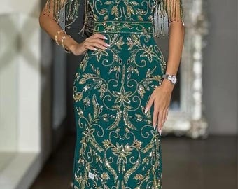Emerald Green Gold Embroidered Gown with Cape, Modest Designer Party Dress