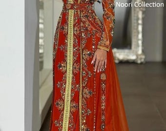 Red Moroccan Kaftan Wedding Dress | Gold Embroidered Islamic Nikkah Takchita | Dubai Eid Bridal Abaya | Modest Evening Gown