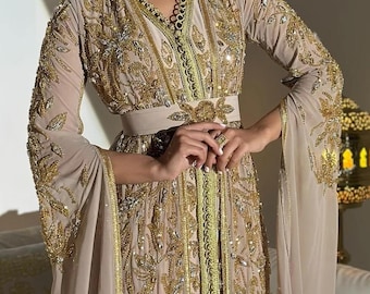 Luxury Beige Moroccan Kaftan Gold Embroidered Takchita Wedding Party Maxi Dress Custom Made