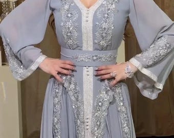 Grey Moroccan Kaftan Dress | Silver Embroidered Takchita | Modest Islamic Wedding Party Wear