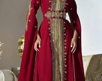Red Moroccan Kaftan Wedding Dress | Gold Embroidered Takchita, Dubai Style Maxi Gown