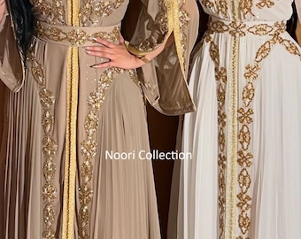 Luxury Champagne Moroccan Kaftan Dress | Gold Embroidered Takchita, Modest Maxi Gown