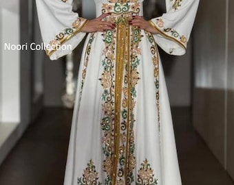 Handmade White Moroccan Bridal Kaftan, Gold Embroidery, Islamic Wedding Gown