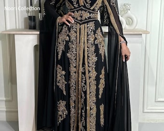 Hand Embroidered Moroccan Kaftan: Black & Gold Luxury Takchita