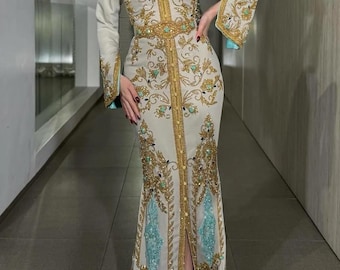 Ivory Gold Embroidered Evening Gown, Beaded Formal Dress, Designer Party Wear