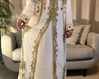 White & Gold Embroidered Moroccan Kaftan | Luxury Wedding Dress