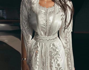 White Moroccan Kaftan Dress, Silver Embroidery, Bridal Takchita, Modest Islamic Wedding Abaya
