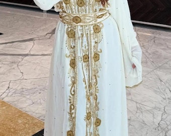 White & Gold Embroidered Moroccan Kaftan | Bridal Takchita Dress