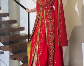 Red Moroccan Kaftan Dress – Hand Embroidered Gold Takchita for Wedding & Festive Wear